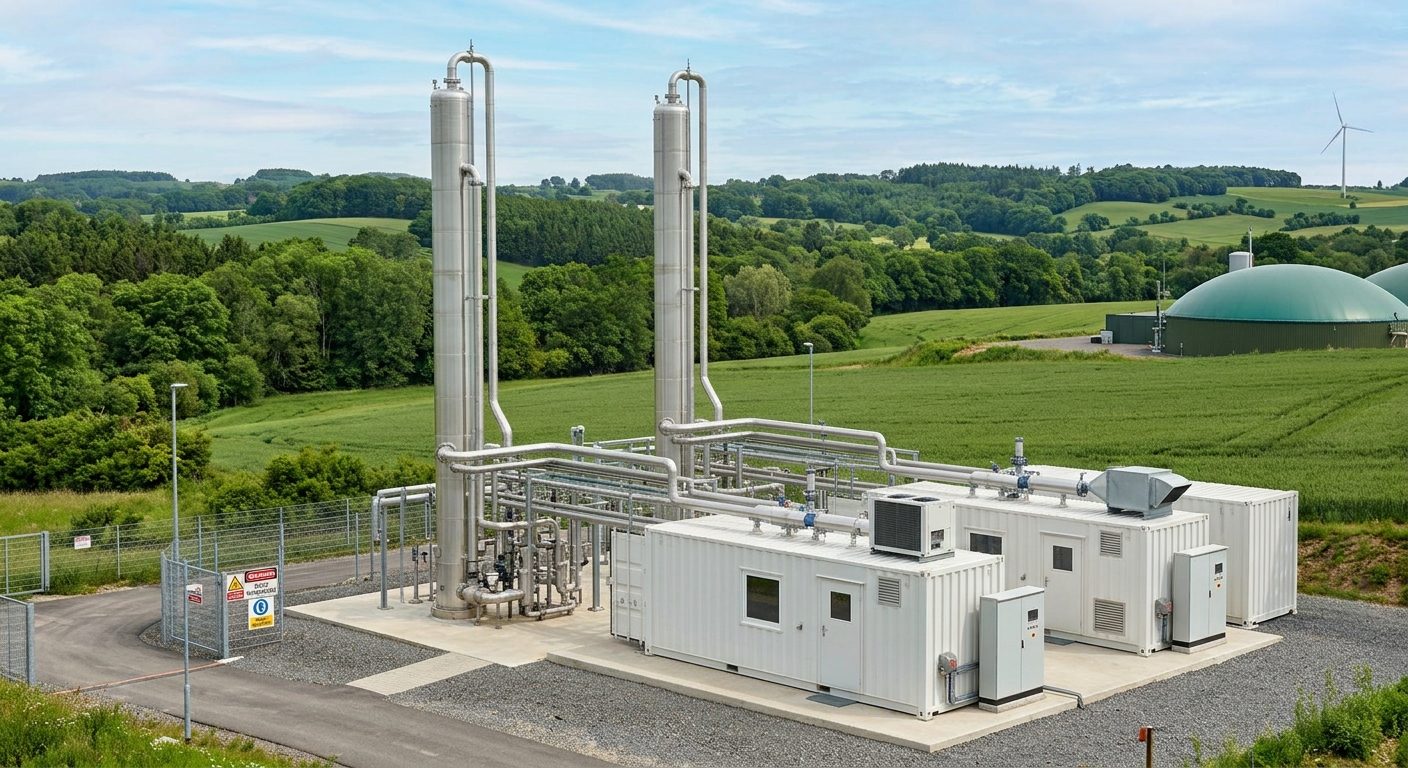 Biogas upgrading plant with process columns, equipment containers and a digester in green countryside